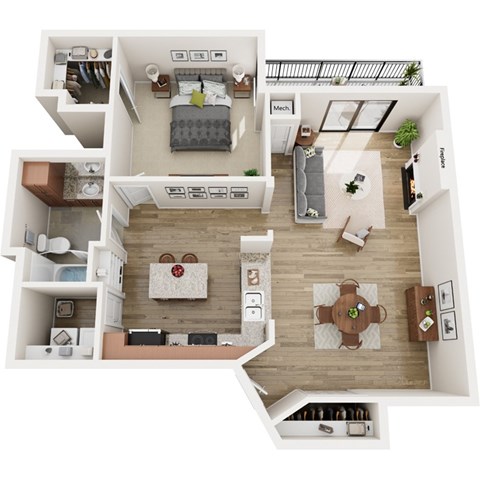 Floor plan for 1 bed, 1 bath, 1162 sqft